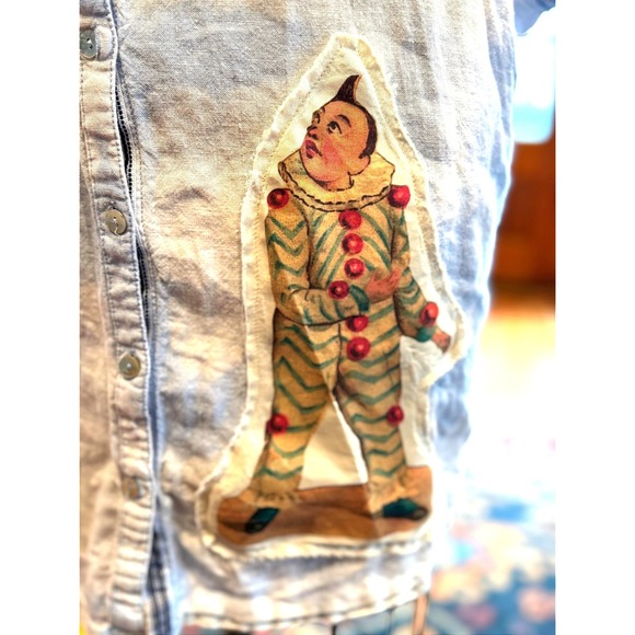 Upcycled Linen Shirt Dress Clown Patch Butterfly Back Small - Picture 4 of 10